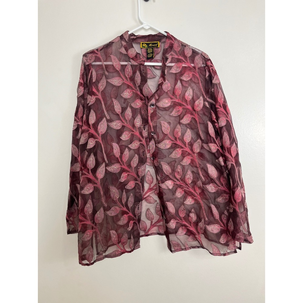Whimsigoth Sheer Silk Blouse Women L Burgundy Leaf Embroidered Fairy Boho